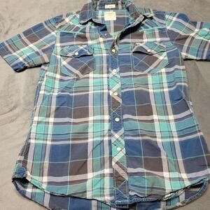 Fossil Shirt Mens Small Prlearl Snap Blue Flap Pockets Short Sleeve Cotton Plaid